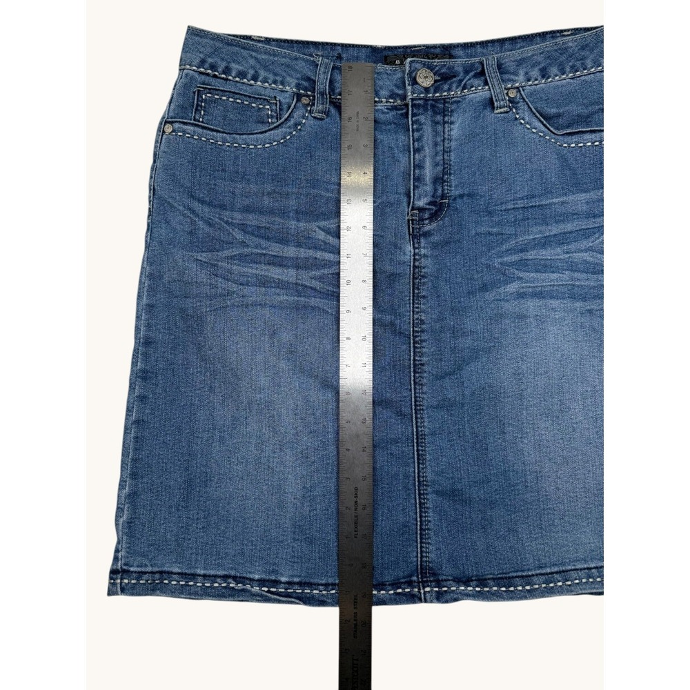 Baccini Womens Denim Mini Skirt Size 10 Blue Medium Wash Contrast Stitch Stretch - Picture 5 of 5